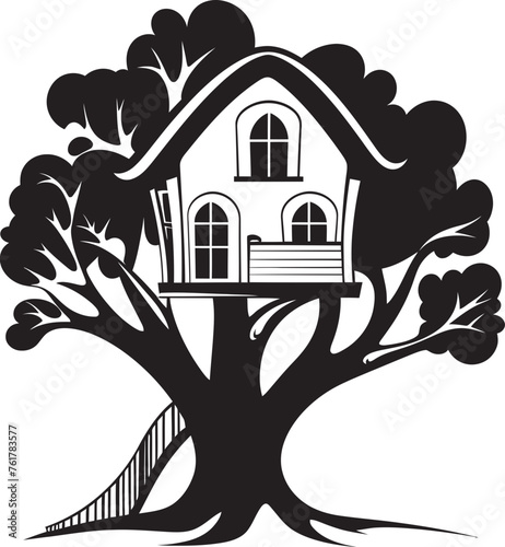 Leafy Lookout Hand Drawn Symbol for Elevated Residence Skyward Shelter Vector Black Logo Design for Tree House