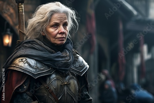 Medieval knight old woman. City warrior. Generate Ai
