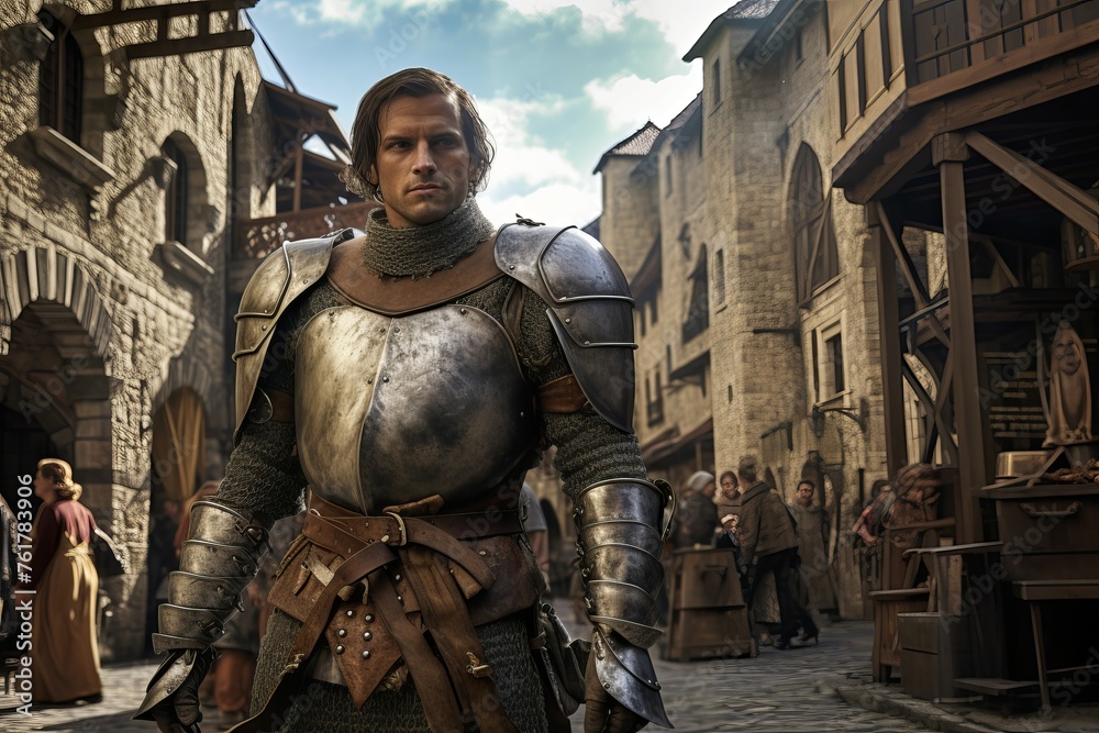 Medieval knight man medieval city. War armor. Generate Ai