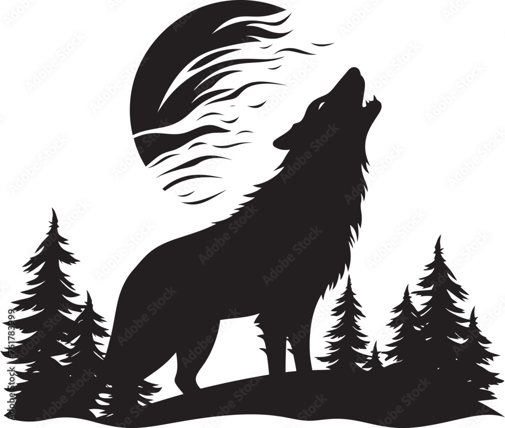 MidnightMoon Iconic Emblem of Howling Canine NightSong Hand Drawn Symbol for Wolf and Moon Icon