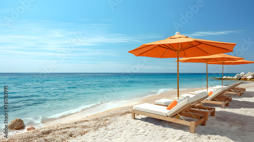 Beach chairs and umbrellas on the sandy beach under blue sky. Copy space © Nataliia