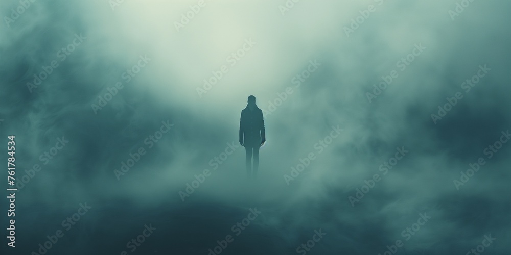 dark silhouette of a man coming out of a misty fog scary - obrazy, fototapety, plakaty 