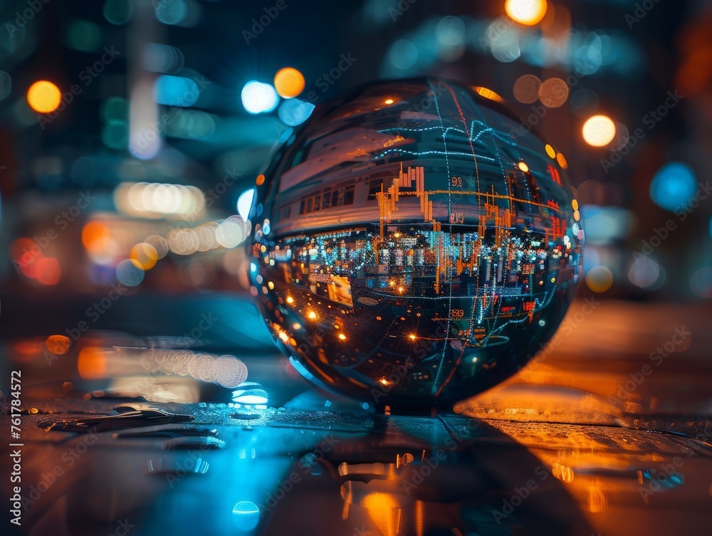 Crystal Ball Reflecting City Lights and Stock Market Charts Crystal Ball Reflecting City Lights and Stock Market Charts