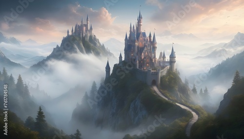 Visualize An Enchanted Castle Atop A Misty Mounta photo