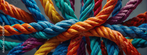 Dynamic visual representation of a team harnessing their diverse strengths, symbolized by a network of interconnected ropes, against a backdrop of vibrant colors signifying unity and empowerment. photo