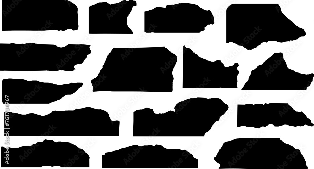 Collection of torn paper pieces. Black square frames with Irregular edges.Set of silhouettes of ripped rectangular shapes. Piece of grunge collage stickers. Collection of torn paper pieces. Black square frames with Irregular edges.Set of silhouettes of ripped rectangular shapes. Piece of grunge collage stickers.