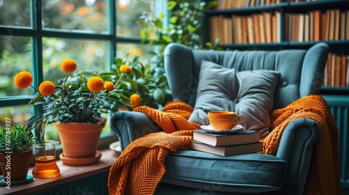 Chair With Blanket and Cup of Coffee