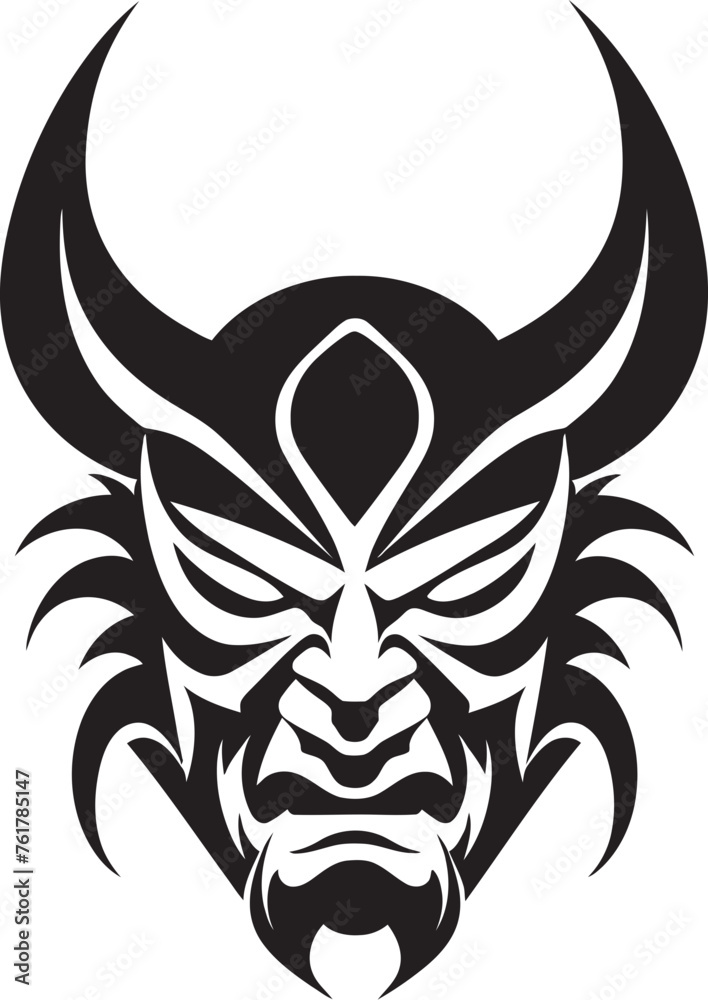 Kabuki Shadow Mysterious Demon Symbol in Black Demons Lair Hand Drawn Icon of Malevolent Oni