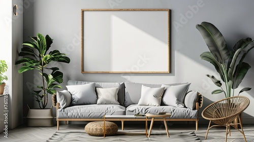 Modern Living Room Interior with Elegant Sofa, Mockup Art Frame, and Lush Green Plantsb