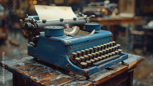 Old Blue Typewriter on Wooden Table