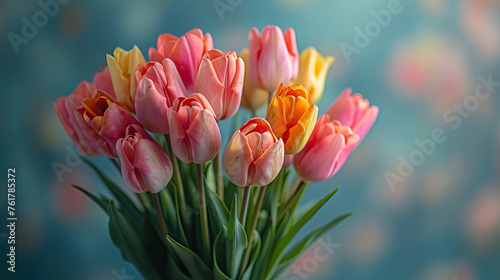 Creative Spring pink and yellow tulips flower bouqet arrangement on bokeh background with copy space for valentine s Day  women s Day  mother s day.