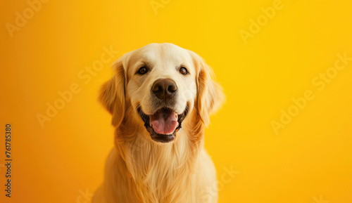 Portrait of a Golden Retriever with Tongue Out, Yellow Background, Dogs Care Products Advertising