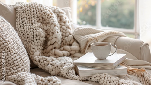 Stack of Books on Couch With Coffee Cup