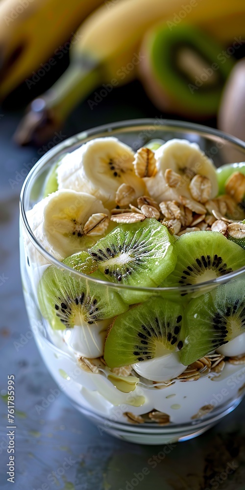 A kiwi and banana Greek yogurt parfait in a glass. Delicious kiwi parfait with low-calorie ingredients and practical to prepare.