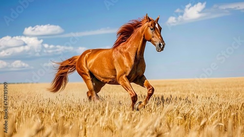 A thoroughbred stallion gallops across the field. Racehorse in the pasture. Beautiful and statuesque horse. Illustration for cover, card, postcard, interior design, poster, brochure or presentation.
