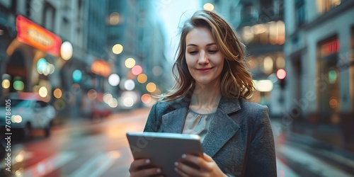 A young professional woman using a digital tablet in an urban setting. Concept Digital Tools, Urban Lifestyle, Professional Woman, Technology in the City, Modern Workplace