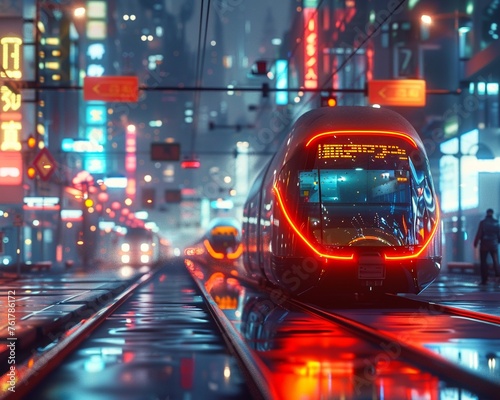 A futuristic transport hub buzzes with activity as advanced logistics technology orchestrates seamless movement Hitech vehicles glide effortlessly through the urban landscape illuminated by neon light