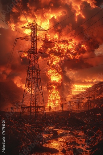 As a volcanic eruption engulfs the landscape in chaos an electrical plant stands in the path of advancing lava flows Against a backdrop of fiery destruction the clash between natural forces