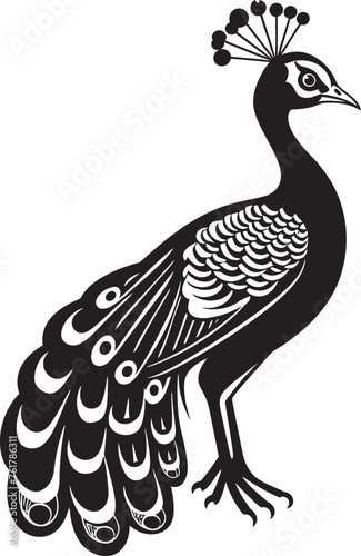Enchanting Aviary Hand Drawn Symbol of Large Peacock in Black Opulent Plumes Logo Design of Gorgeous Peacock in Black Vector