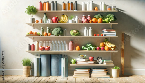 Wallpaper Mural Organized Shelves with Healthy Food and Books. Torontodigital.ca