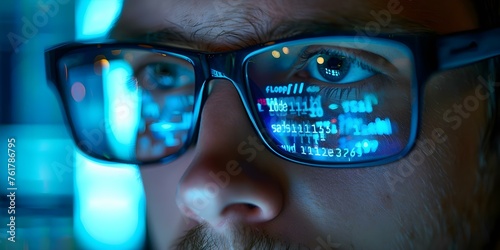 Focused individual wearing glasses working on computer with code highlighting importance of cybersecurity. Concept Cybersecurity, Computer Programming, Data Protection, Digital Privacy
