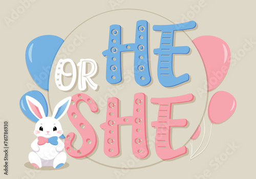 Baby Shower or gender party card. invitation gender party. Cute bunny and balloons. vector illustration. Banner, background for celebrating baby shower