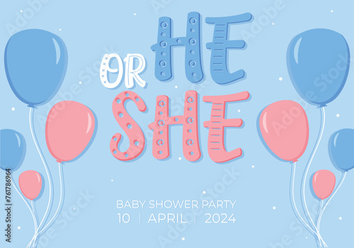 Baby Shower or gender party card. invitation gender party. Cute bunny and balloons. vector illustration. Banner, background for celebrating baby shower