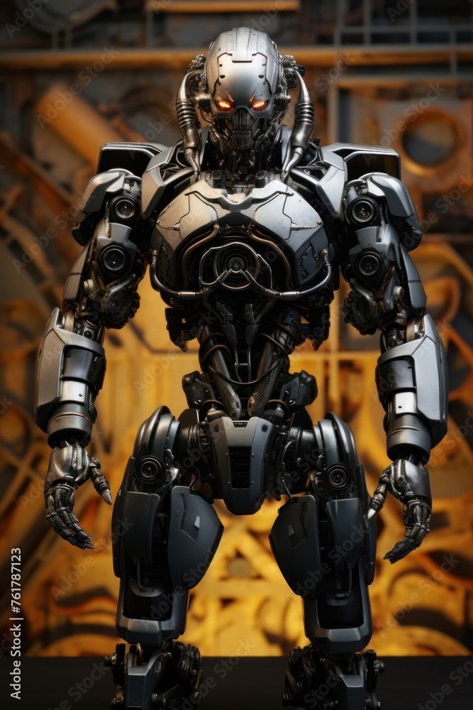 Fototapeta premium Artificial intelligence in a steel-colored humanoid robot with glowing eyes, Artificial intelligence and technology concept.