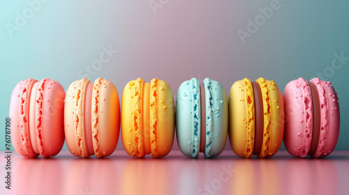 Colorful Macarons in a Row on Pastel Background.