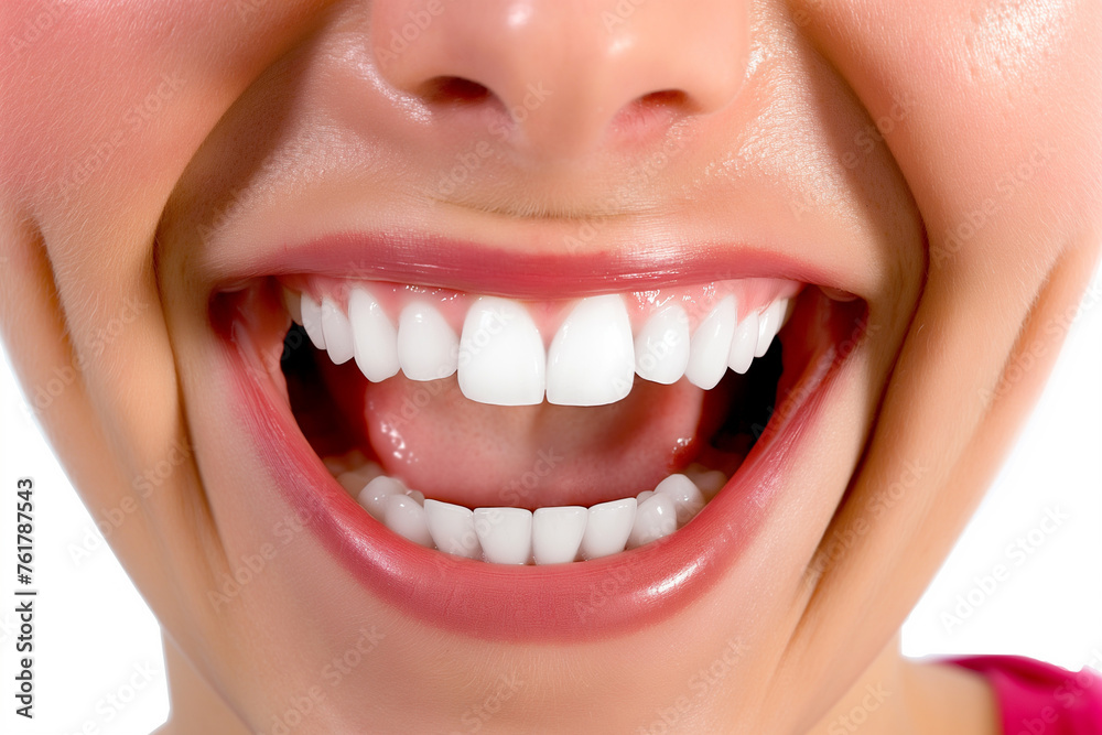A woman's smiling mouth with white teeth, pink lips A woman's smiling mouth with white teeth, pink lips