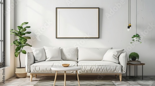 Modern Minimalist Living Room with White Sofa and Empty Frame