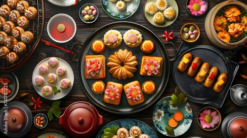 Indian sweets in a plate includes Gulab Jamun, Rasgulla, kaju katli, morichoor / Bundi Laddu, Gujiya or Karanji for diwali celebration photo