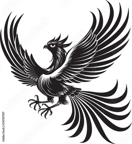 Celestial Symbol Hand Drawn Symbol of Legendary Phoenix in Black Vector Phoenix Illumination Logo Design of Mythical Bird in Black Vector