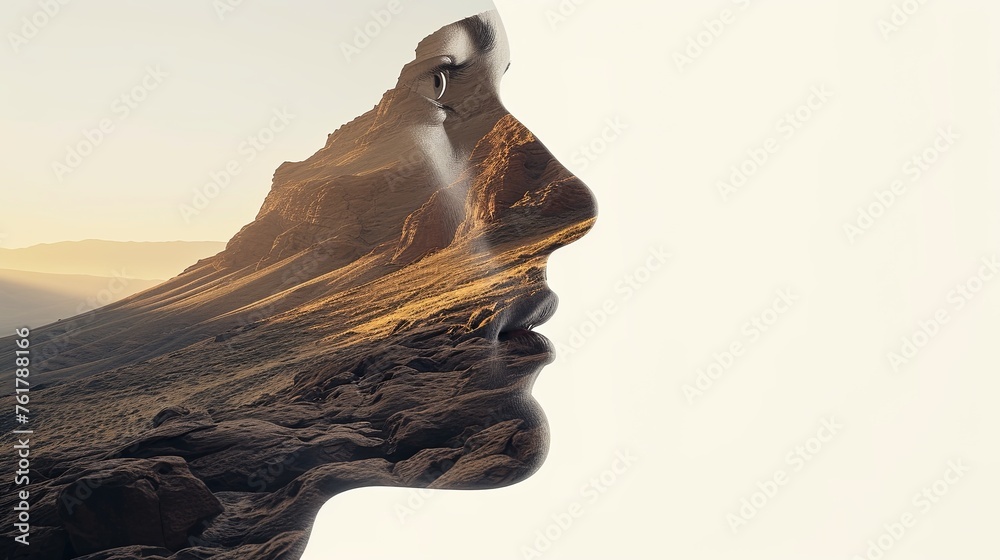Double exposure combines a woman's face and high mountains at sunset ...