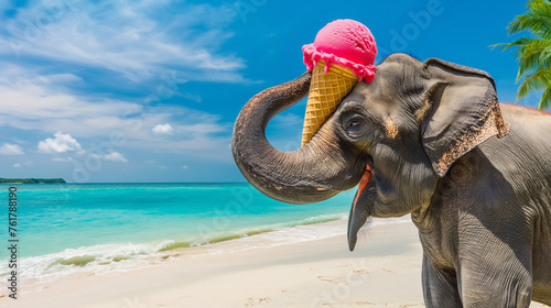 Elephant cradles a huge ice cream in a waffle cone to cool down. A tropical beach with turquoise water. Hot weather.