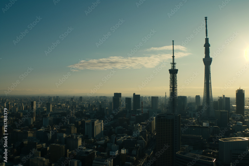 A city skyline with a large tower in the middle