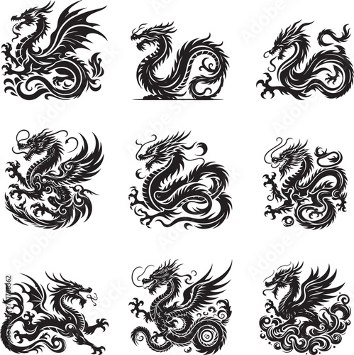 Dragon silhouette vector illustration set