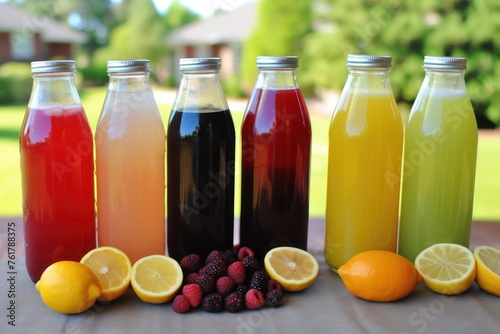 A row of six bottles of different colored drinks, including orange juice