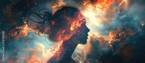 A silhouette of a woman with fire erupting from her head, contrasting against an electric blue sky. This surreal art piece combines elements of heat, darkness, and a fictional character photo