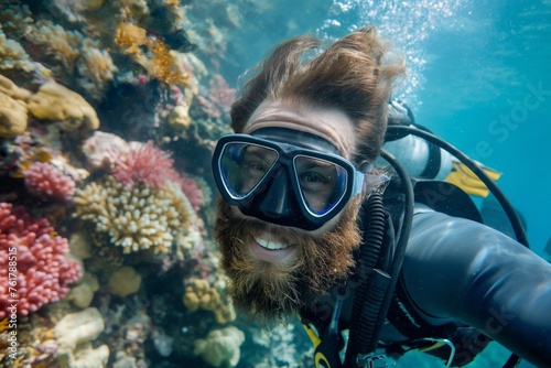 Underwater shot of a smiling male diver with a vibrant coral reef backdrop
