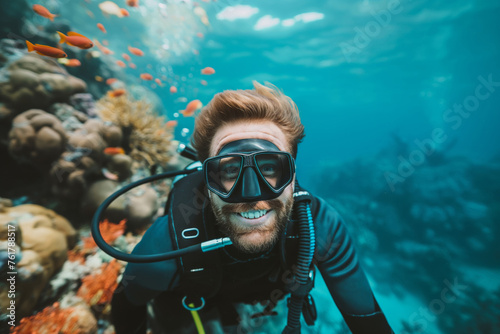Smiling male scuba diver surrounded by tropical fish and vibrant coral