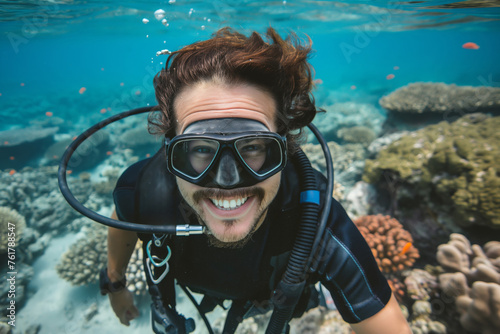 Smiling scuba diver with vibrant coral reef and marine life in the background © Татьяна Евдокимова