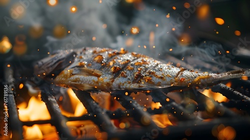 Grilled fish with spices on fire