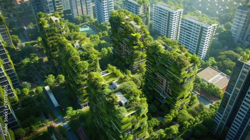 An urban design featuring buildings with rooftop gardens, showcasing a green cityscape. The skyline blends with the natural landscape, as clouds drift across the sky above AIG41