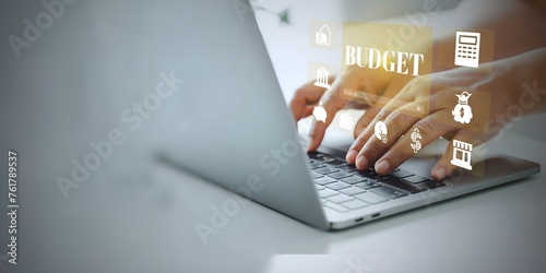 A person working on laptop with budget and financial planning concept. Calculate company income and expenses. invest money, business and finance, capital fundraising, loan credit photo