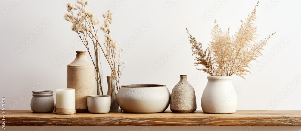 Wooden table with ceramic and glass vases and dry plants in a classic bathroom ambiance, modern interior design concept, Wooden table with ceramic and glass vases and dry plants in a classic bathroom ambiance, modern interior design concept,
