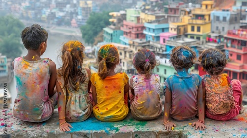 Three Children Sitting on Ledge Covered in Paint