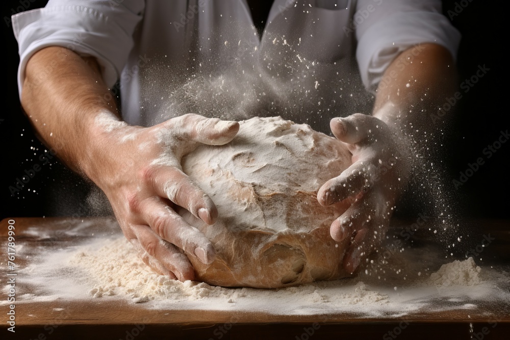Swift Man hands flour splash. Food hand make. Generate Ai