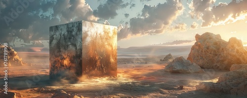 Surreal landscape with a metal cube in the desert