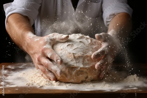Swift Man hands flour splash. Food hand make. Generate Ai